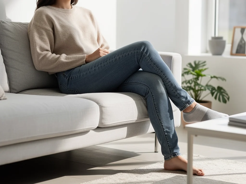 Person demonstrating flexibility and comfort of sustainable stretch denim jeans