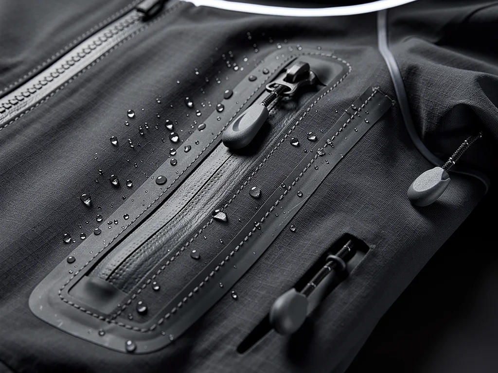 Close-up of technical fabric and features on a casual outerwear jacket.