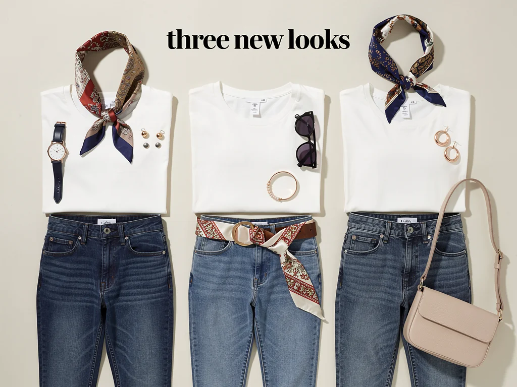 Flat lay showing three casual outfits with one scarf styled differently