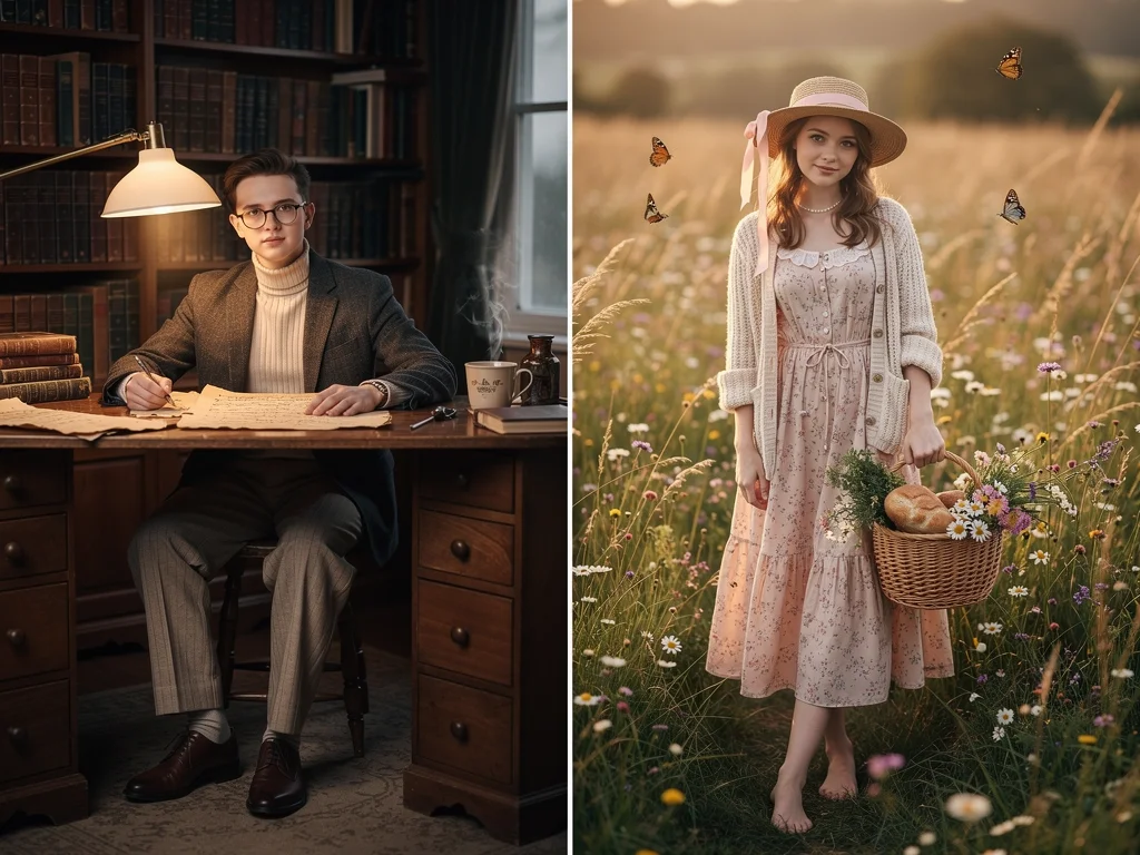 Split image of two TikTok niche styles: Dark Academia and Cottagecore fashion.