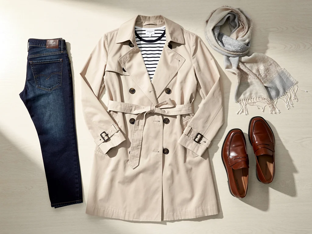 Essential transitional wardrobe pieces flat lay