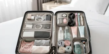 Open suitcase with travel accessory organizers for electronics, toiletries, and clothes