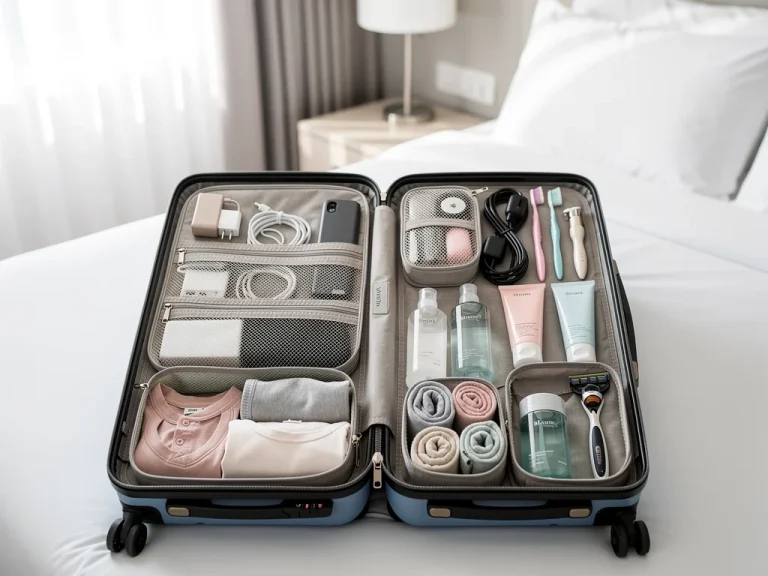 Open suitcase with travel accessory organizers for electronics, toiletries, and clothes