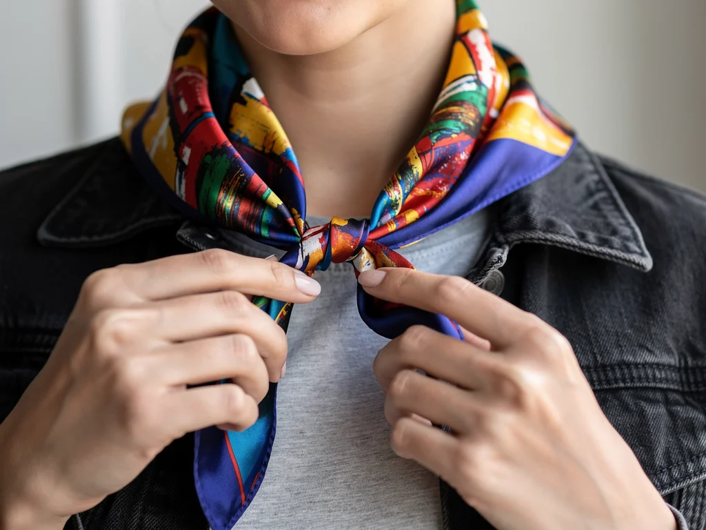 Close-up of a vibrant silk scarf being tied around a neck