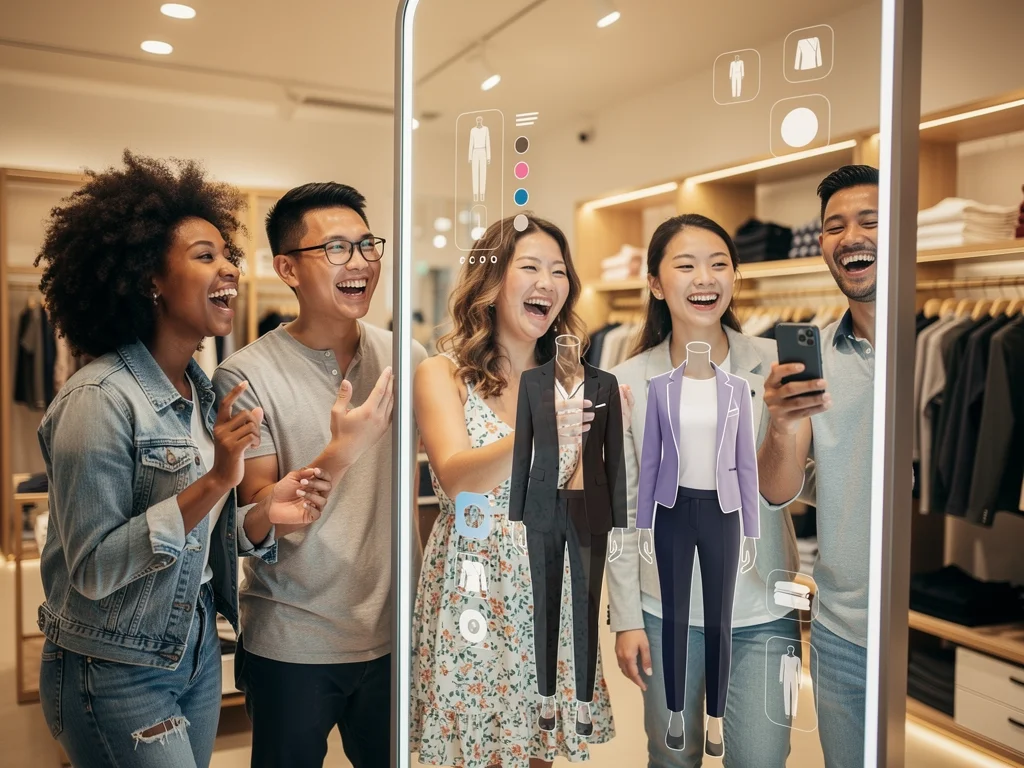 Friends using augmented reality mirror for virtual clothing try-on