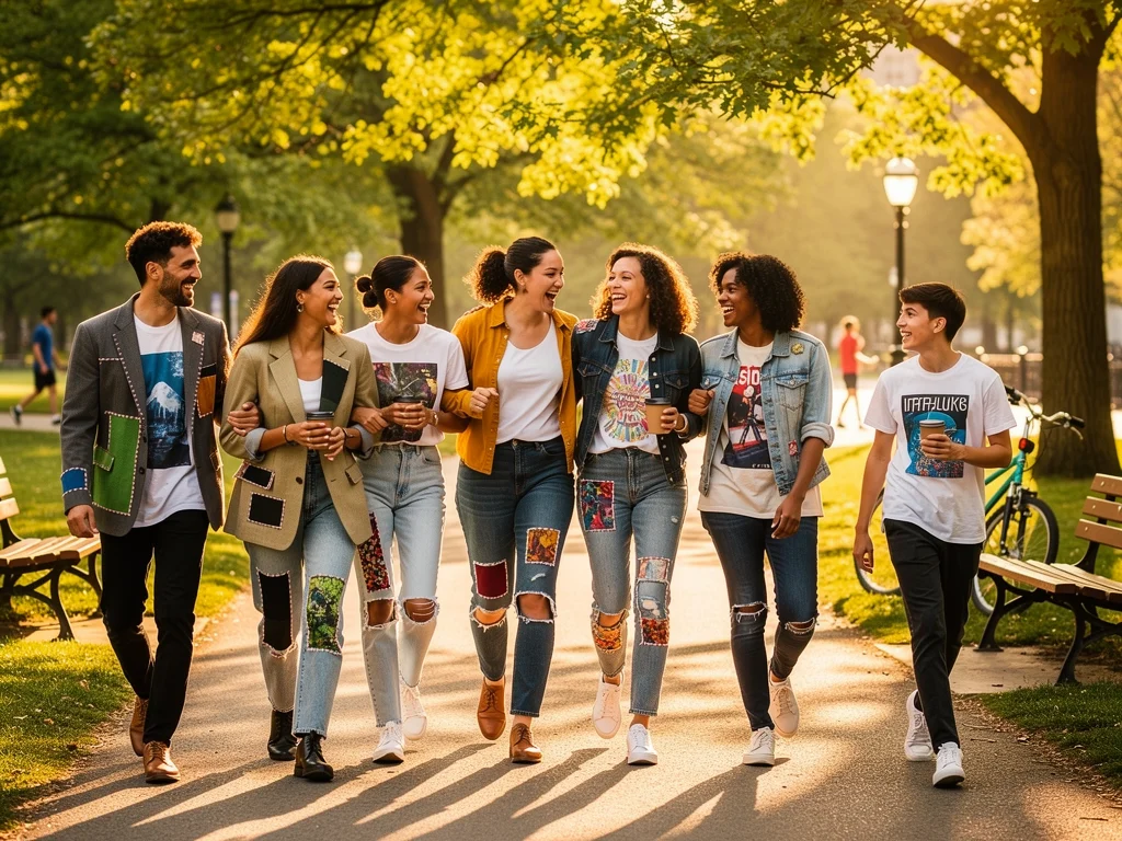 Diverse models wearing stylish upcycled casual outfits in a sunny park, showcasing modern sustainable fashion.