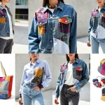 Upcycled fashion garments featuring creative patchwork and reconstructed textiles, displayed on diverse models in a modern urban setting.