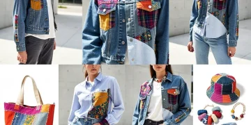 Upcycled fashion garments featuring creative patchwork and reconstructed textiles, displayed on diverse models in a modern urban setting.