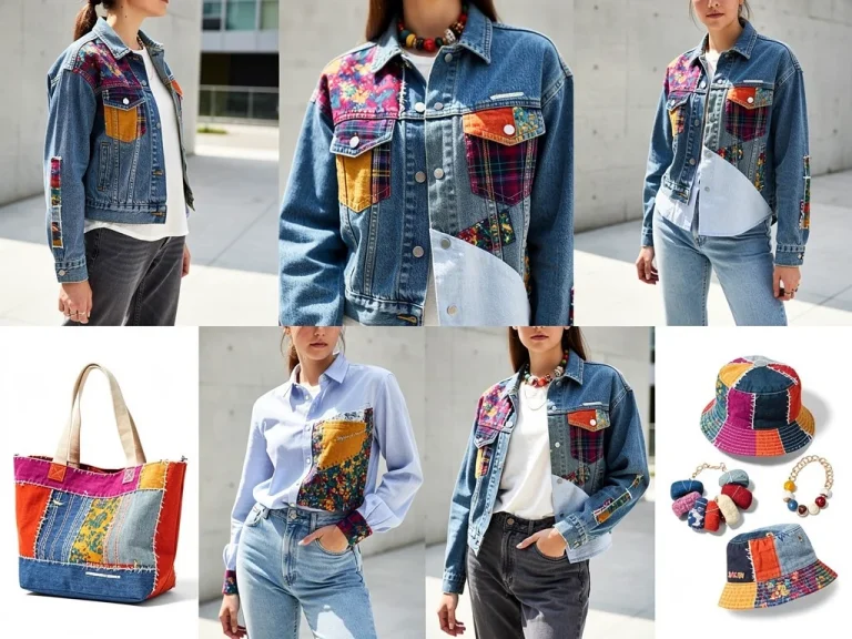 Upcycled fashion garments featuring creative patchwork and reconstructed textiles, displayed on diverse models in a modern urban setting.