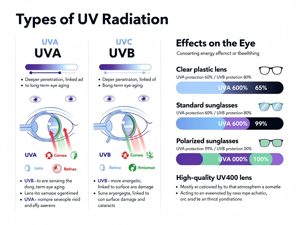 Infographic showing types of UV radiation and their effects on eye health.