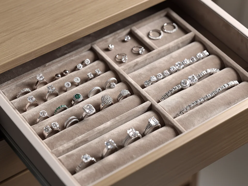Jewelry drawer with velvet inserts for rings and earrings