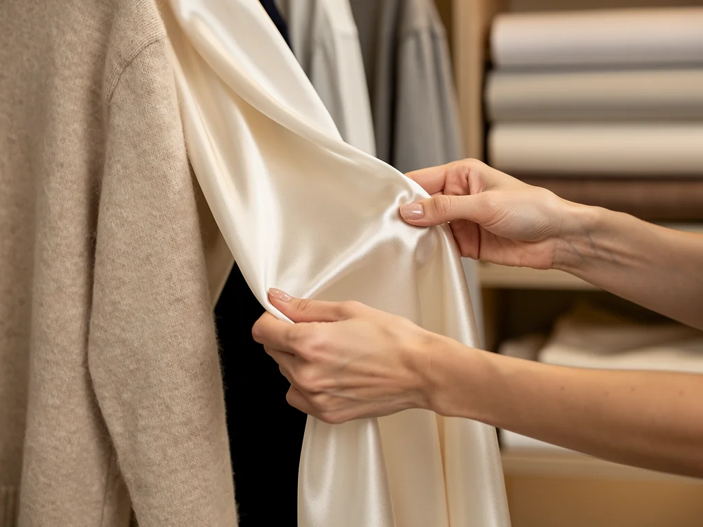 Hands touching luxurious, versatile fabrics for casual wear.