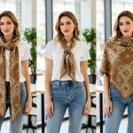 Woman styling a versatile scarf for three different casual looks