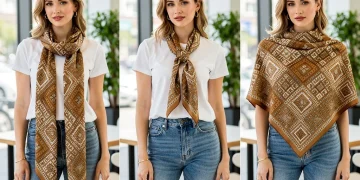 Woman styling a versatile scarf for three different casual looks