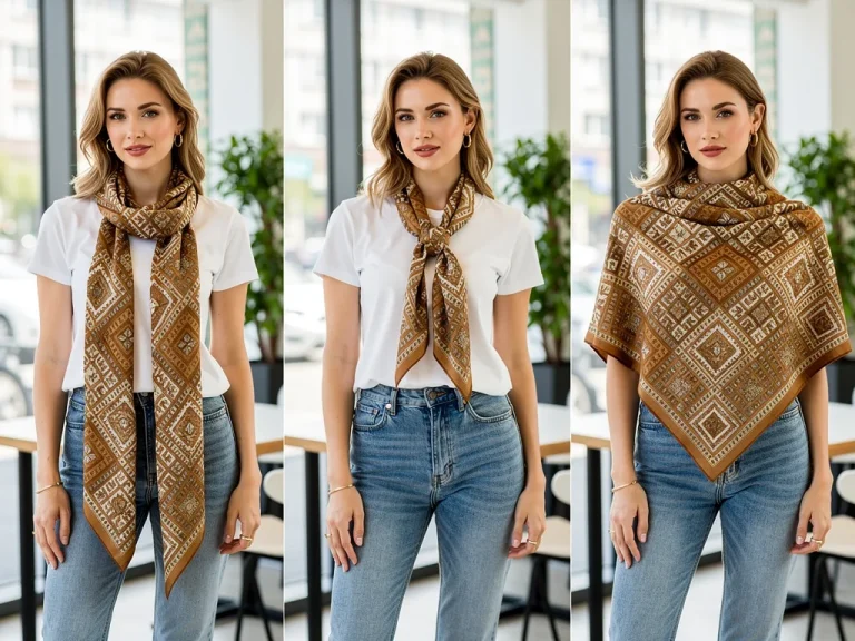 Woman styling a versatile scarf for three different casual looks