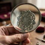 Expert examining vintage silver brooch with magnifying glass for authentication details.