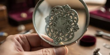 Expert examining vintage silver brooch with magnifying glass for authentication details.