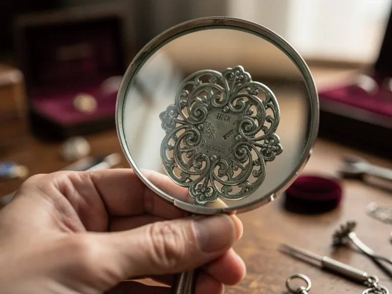 Expert examining vintage silver brooch with magnifying glass for authentication details.