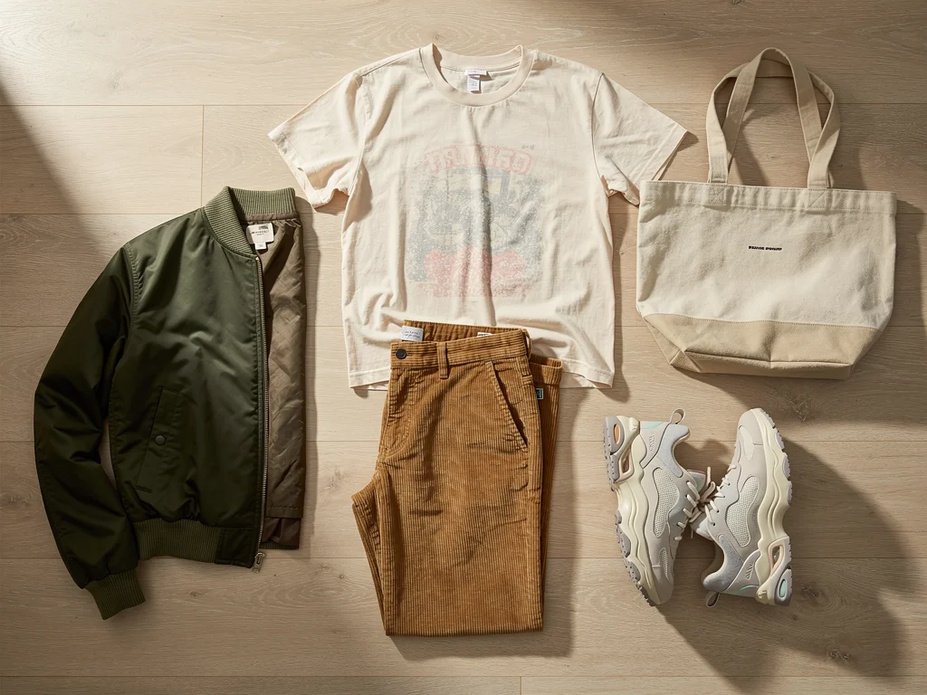 Flat lay of essential vintage-inspired casual wear items for 2026, including graphic tee, corduroy pants, and bomber jacket.