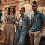 Stylish young adults wearing vintage-inspired casual wear in an urban environment, showcasing 2026 fashion trends.