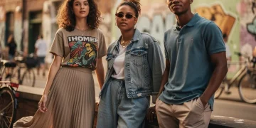 Stylish young adults wearing vintage-inspired casual wear in an urban environment, showcasing 2026 fashion trends.
