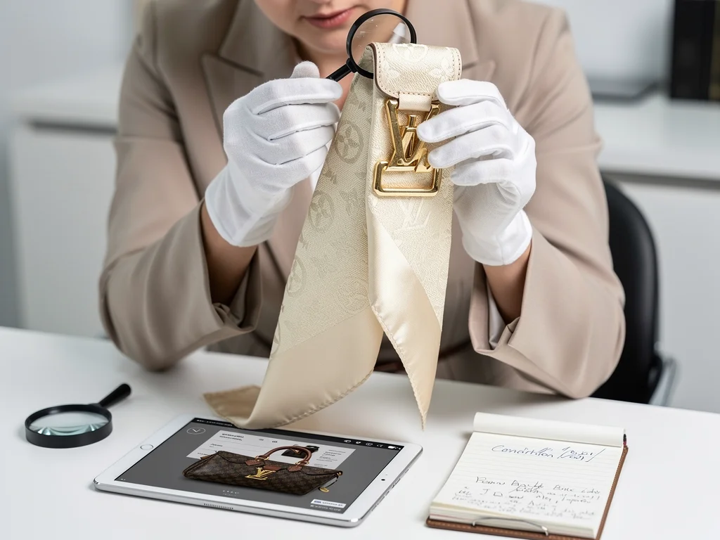 Expert examining a vintage designer bag accessory for authenticity
