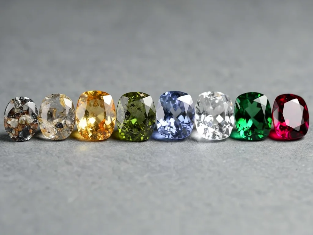Comparison of authentic vintage gemstones versus modern synthetic gemstone imitations.