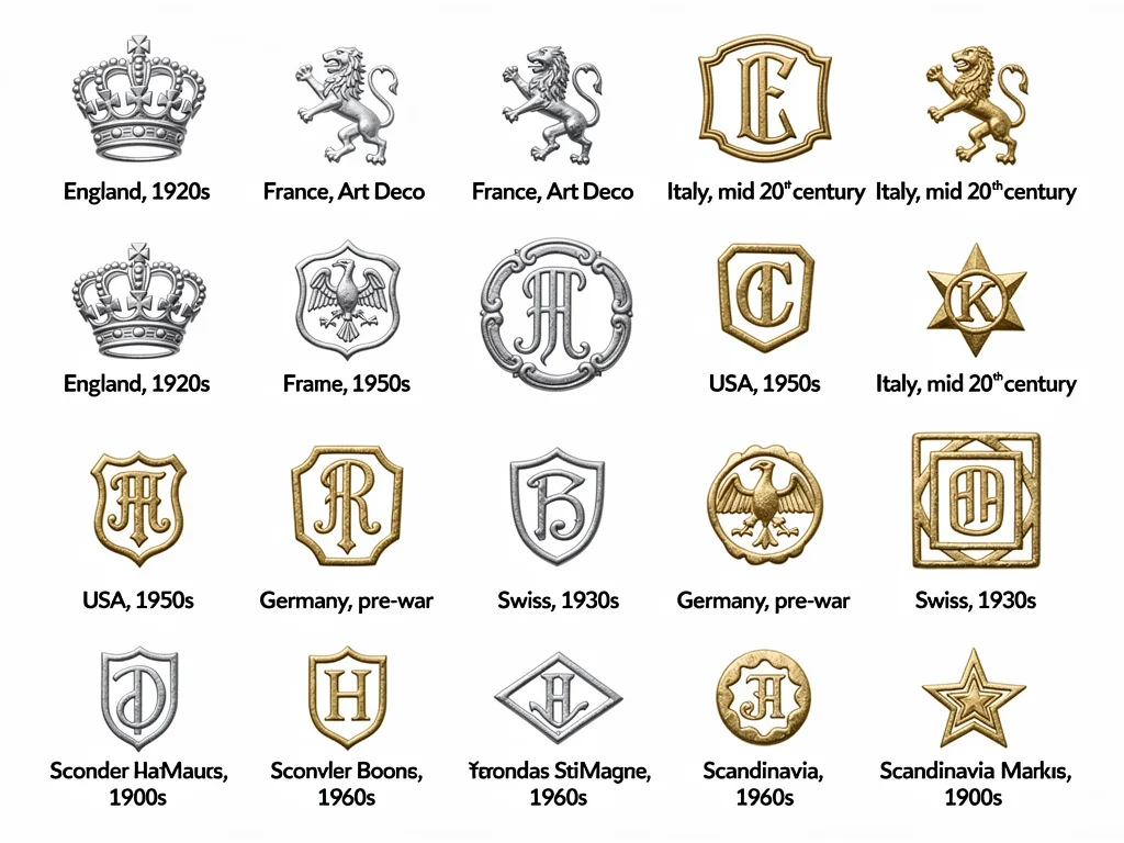 Diverse collection of vintage jewelry hallmarks and maker's marks for identification.