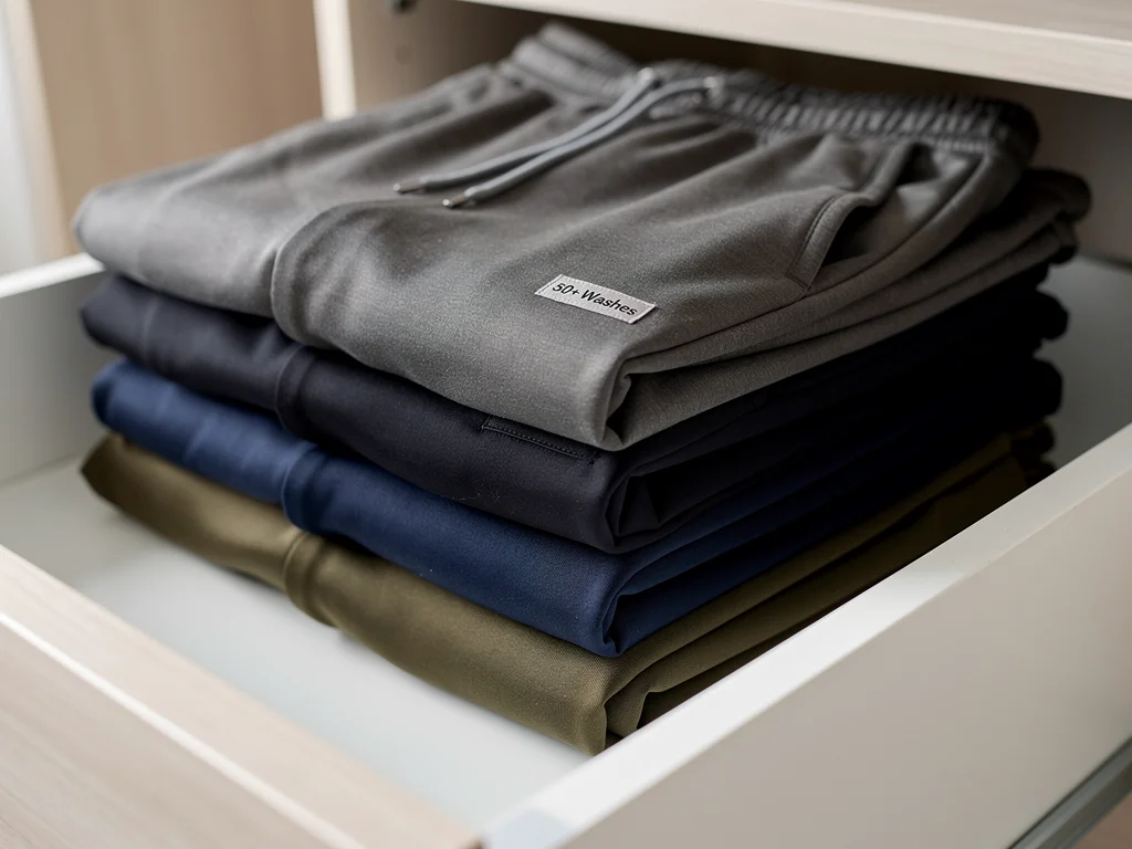 Stack of neatly folded athleisure joggers, looking new after 50 washes.