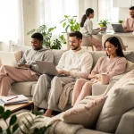 Work-From-Home Essentials: Top 6 Loungewear Sets 2026 Diverse individuals in stylish work-from-home loungewear sets, comfortably working in modern home offices.