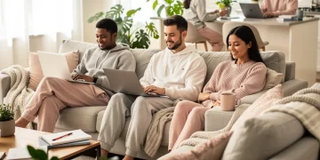 Diverse individuals in stylish work-from-home loungewear sets, comfortably working in modern home offices.