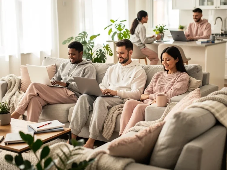 Diverse individuals in stylish work-from-home loungewear sets, comfortably working in modern home offices.