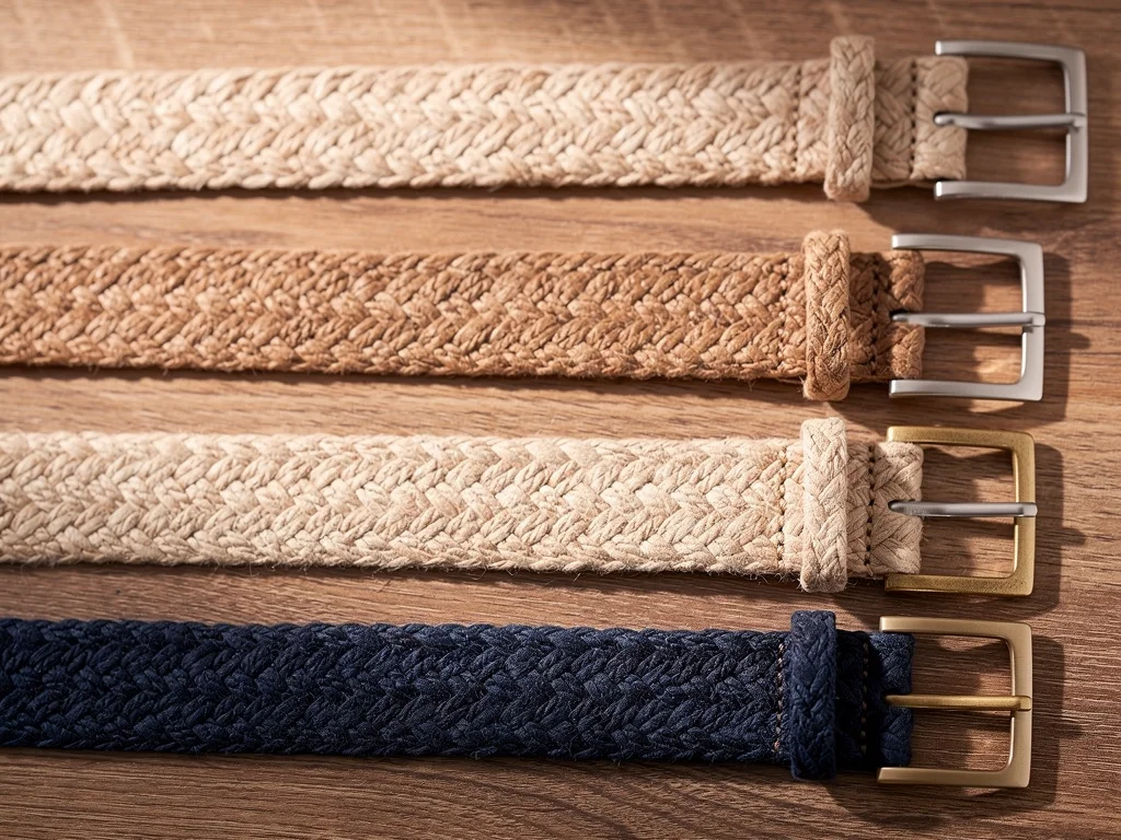 Assortment of woven and braided casual belts in natural colors, showcasing texture and craftsmanship.